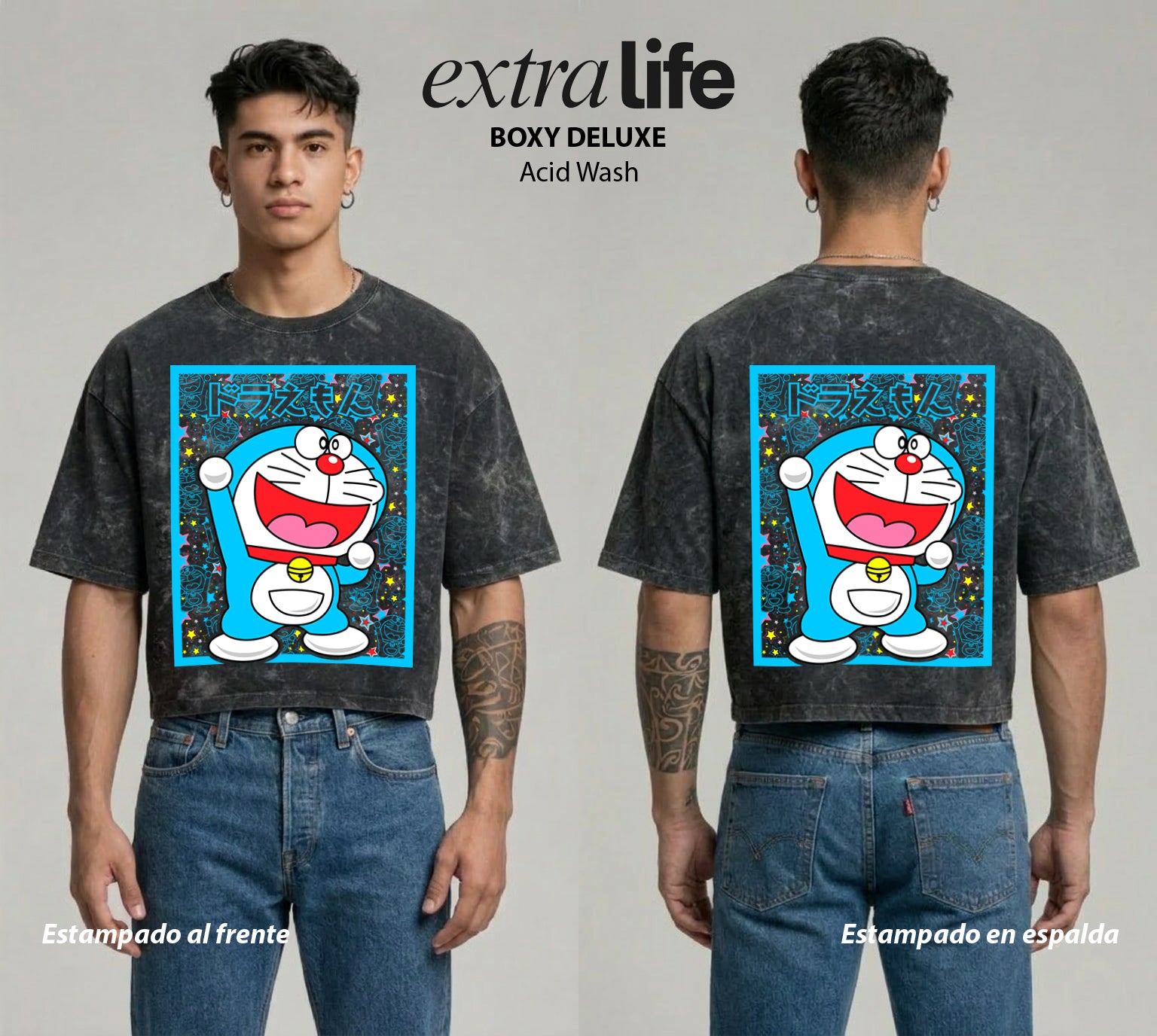 Playera streetwear premium de anime y gaming ExtraLife MX, corte boxy deluxe mineral wash heavyweight en color Acid Wash, moda urbana mexicana de culto.