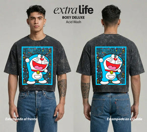 Playera streetwear premium de anime y gaming ExtraLife MX, corte boxy deluxe mineral wash heavyweight en color Acid Wash, moda urbana mexicana de culto.