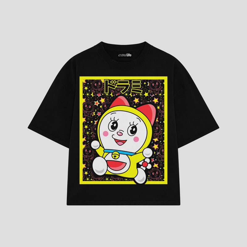 Playera streetwear premium de anime y gaming ExtraLife MX, corte boxy oversized drop shoulder heavyweight en color Deep Black y Off-White, moda urbana mexicana de culto.