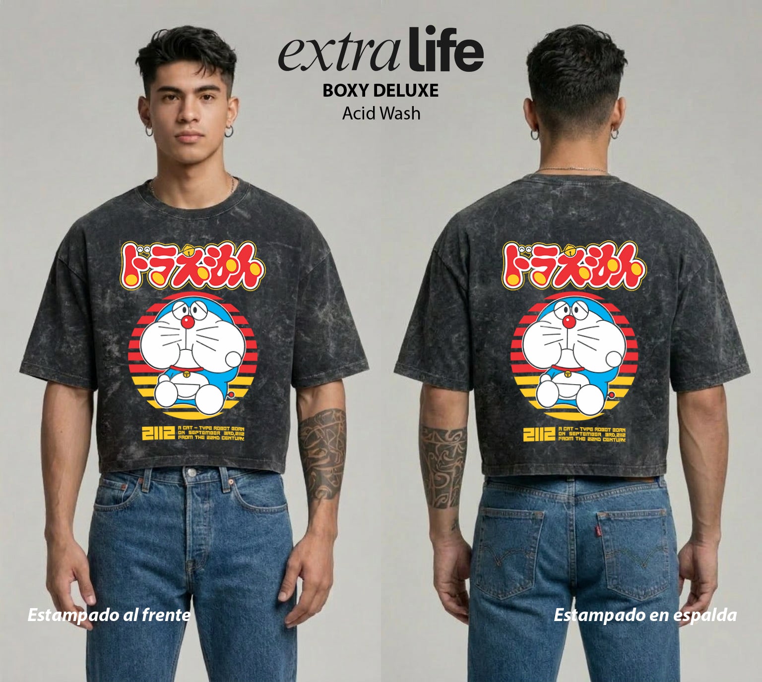 Playera streetwear premium de anime y gaming ExtraLife MX, corte boxy deluxe mineral wash heavyweight en color Acid Wash, moda urbana mexicana de culto.