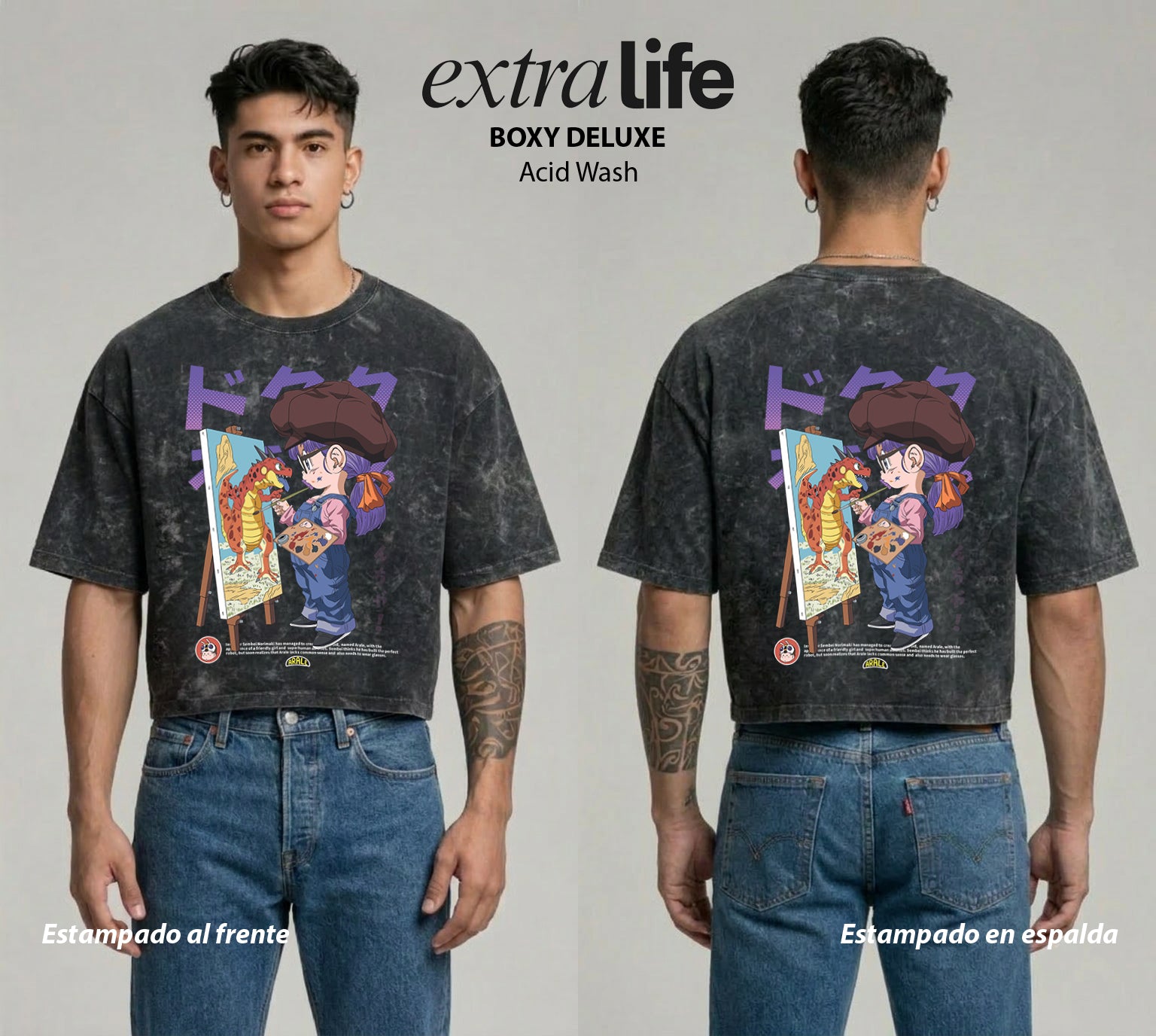 Playera streetwear premium de anime y gaming ExtraLife MX, corte boxy deluxe mineral wash heavyweight en color Acid Wash, moda urbana mexicana de culto.