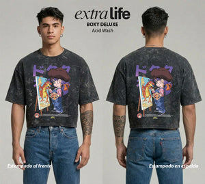 Playera streetwear premium de anime y gaming ExtraLife MX, corte boxy deluxe mineral wash heavyweight en color Acid Wash, moda urbana mexicana de culto.