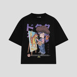 Playera streetwear premium de anime y gaming ExtraLife MX, corte boxy oversized drop shoulder heavyweight en color Deep Black y Off-White, moda urbana mexicana de culto.