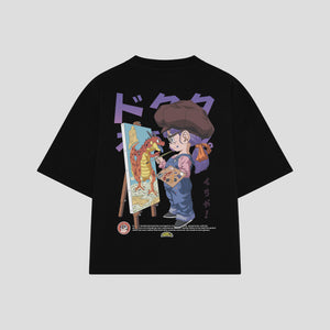 Playera streetwear premium de anime y gaming ExtraLife MX, corte boxy oversized drop shoulder heavyweight en color Deep Black y Off-White, moda urbana mexicana de culto.