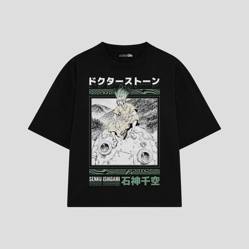 Playera streetwear premium de anime y gaming ExtraLife MX, corte boxy oversized drop shoulder heavyweight en color Deep Black y Off-White, moda urbana mexicana de culto.