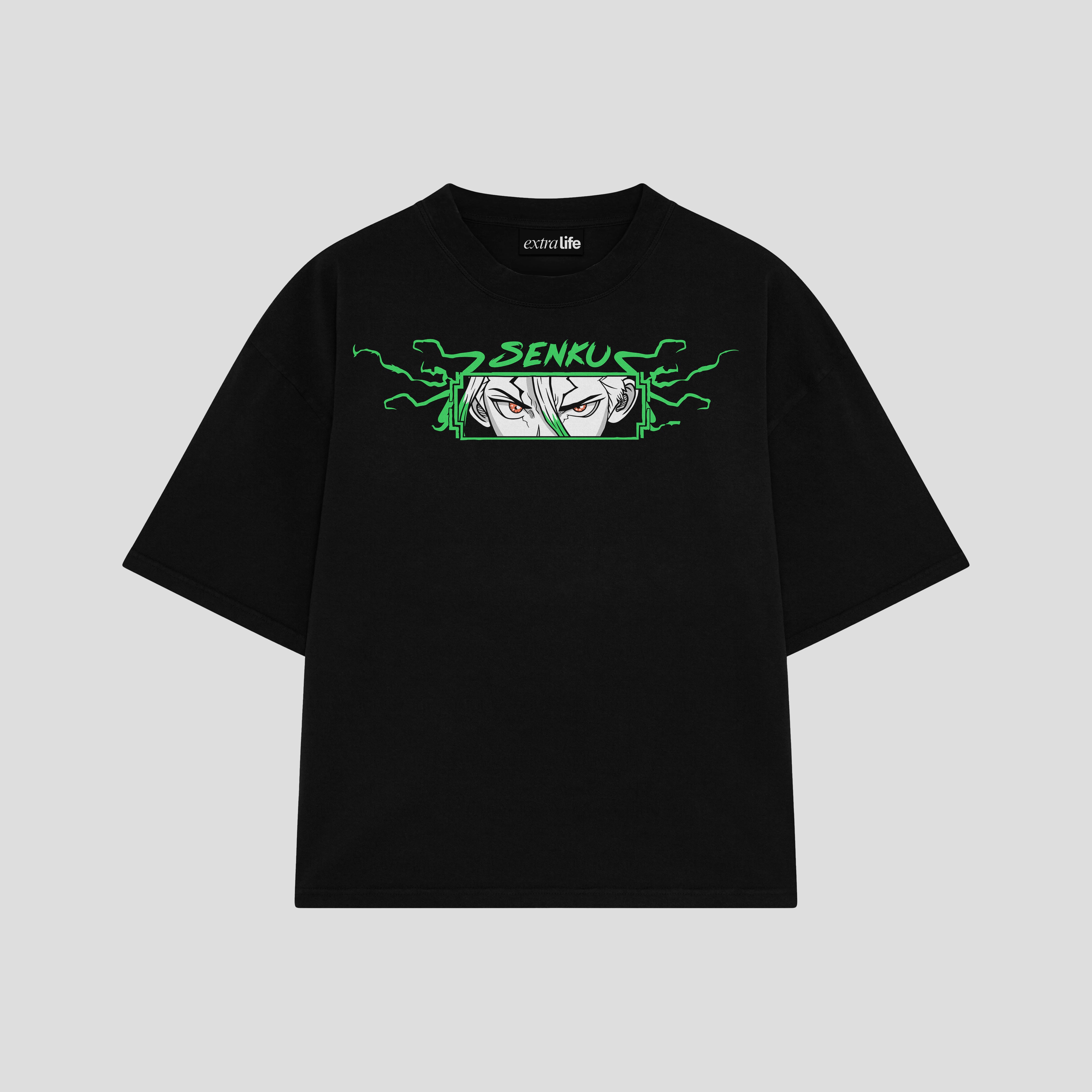 Playera streetwear premium de anime y gaming ExtraLife MX, corte boxy oversized drop shoulder heavyweight en color Deep Black y Off-White, moda urbana mexicana de culto.