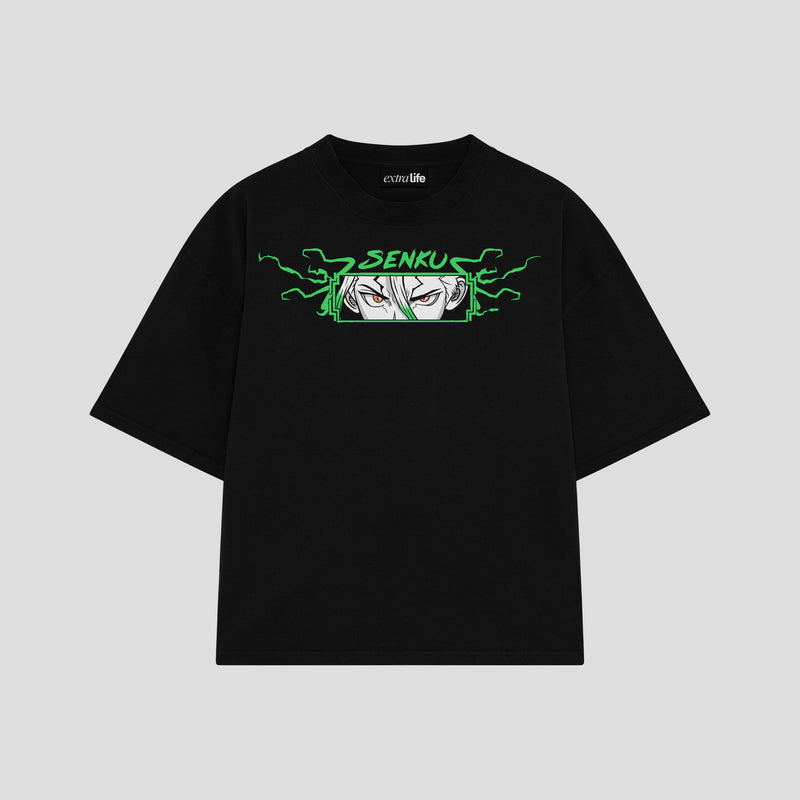 Playera streetwear premium de anime y gaming ExtraLife MX, corte boxy oversized drop shoulder heavyweight en color Deep Black y Off-White, moda urbana mexicana de culto.