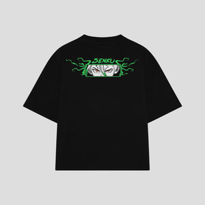 Playera streetwear premium de anime y gaming ExtraLife MX, corte boxy oversized drop shoulder heavyweight en color Deep Black y Off-White, moda urbana mexicana de culto.