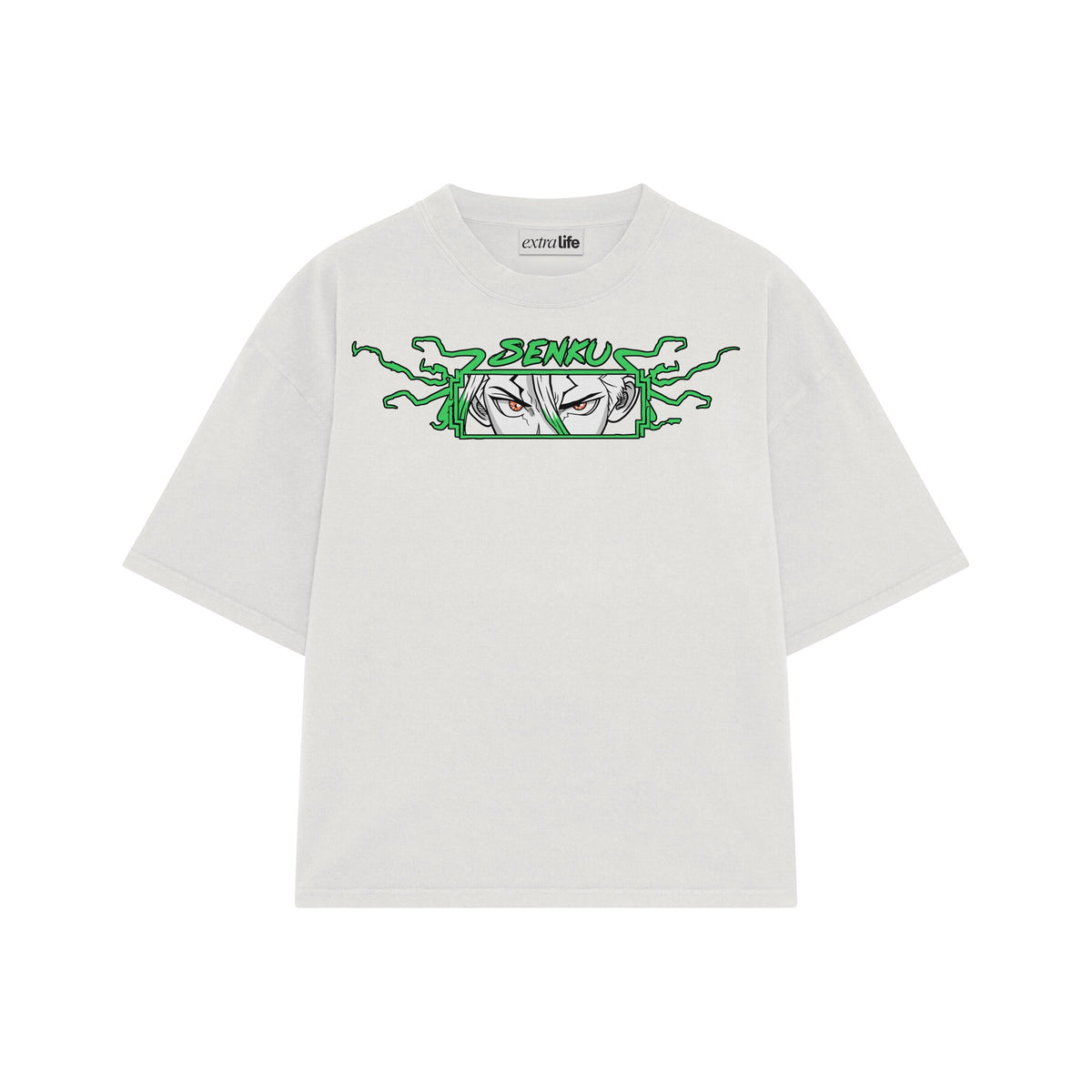 Playera streetwear premium de anime y gaming ExtraLife MX, corte oversized drop shoulder ligero y fresco en color Deep Black y Off-White, moda urbana mexicana de culto.