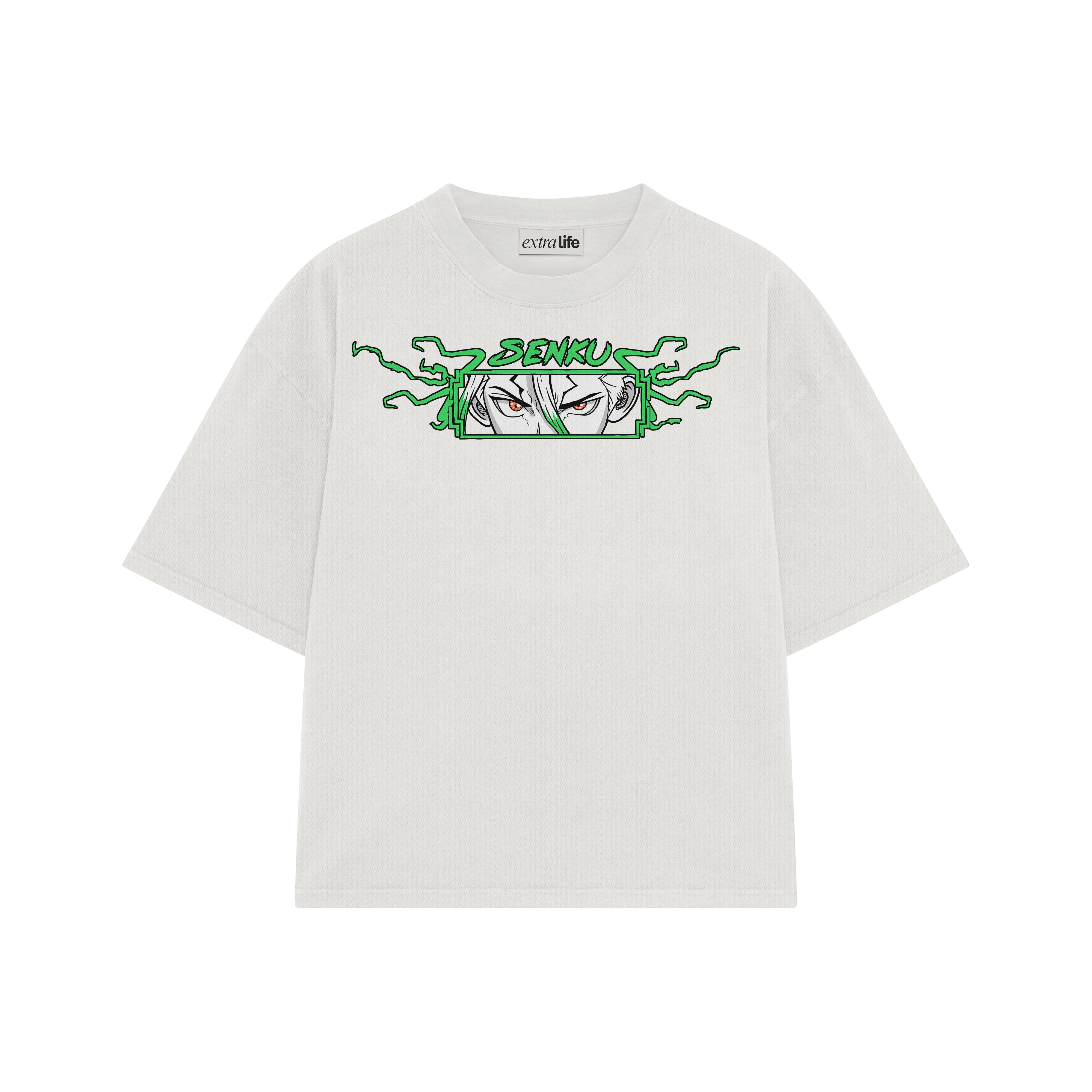 Playera streetwear premium de anime y gaming ExtraLife MX, corte boxy oversized drop shoulder heavyweight en color Deep Black y Off-White, moda urbana mexicana de culto.