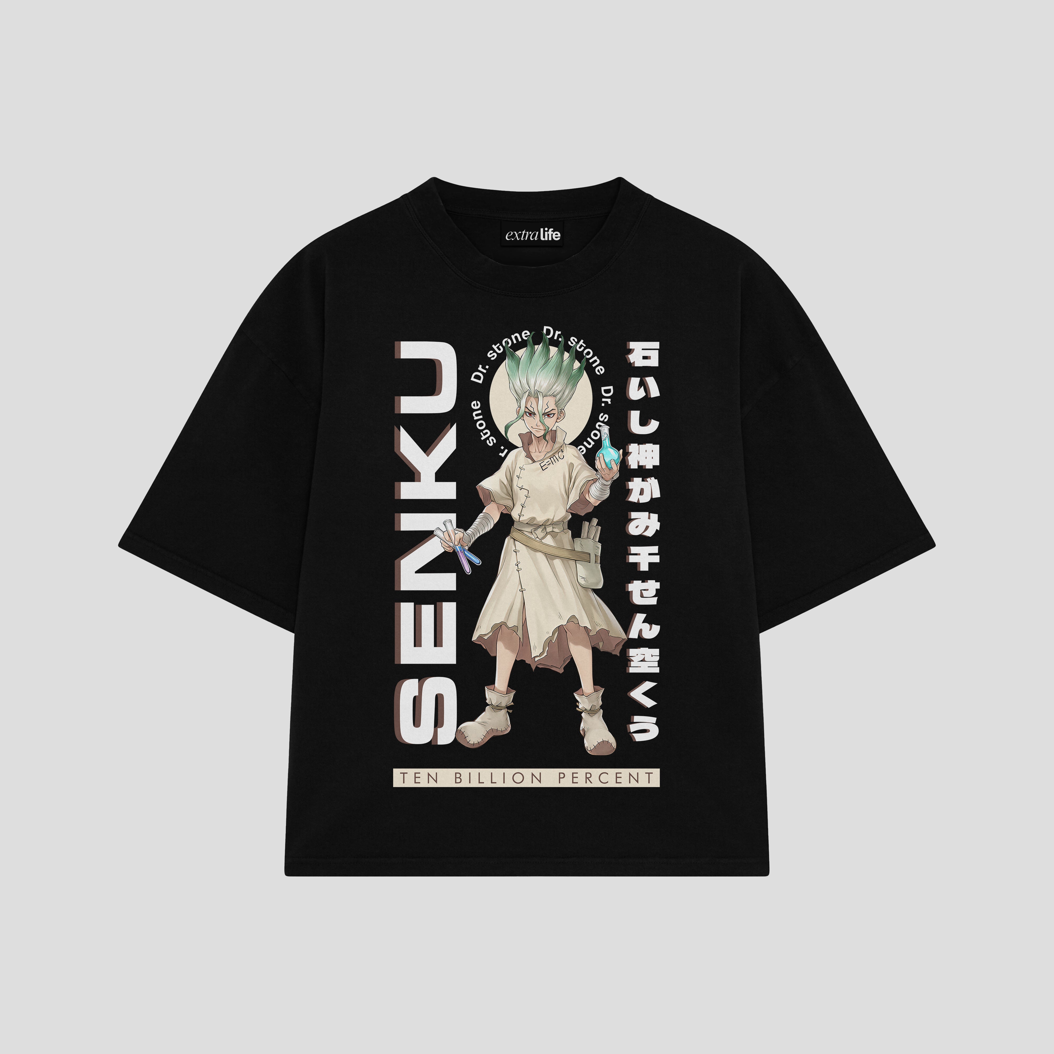 Playera streetwear premium de anime y gaming ExtraLife MX, corte boxy oversized drop shoulder heavyweight en color Deep Black y Off-White, moda urbana mexicana de culto.