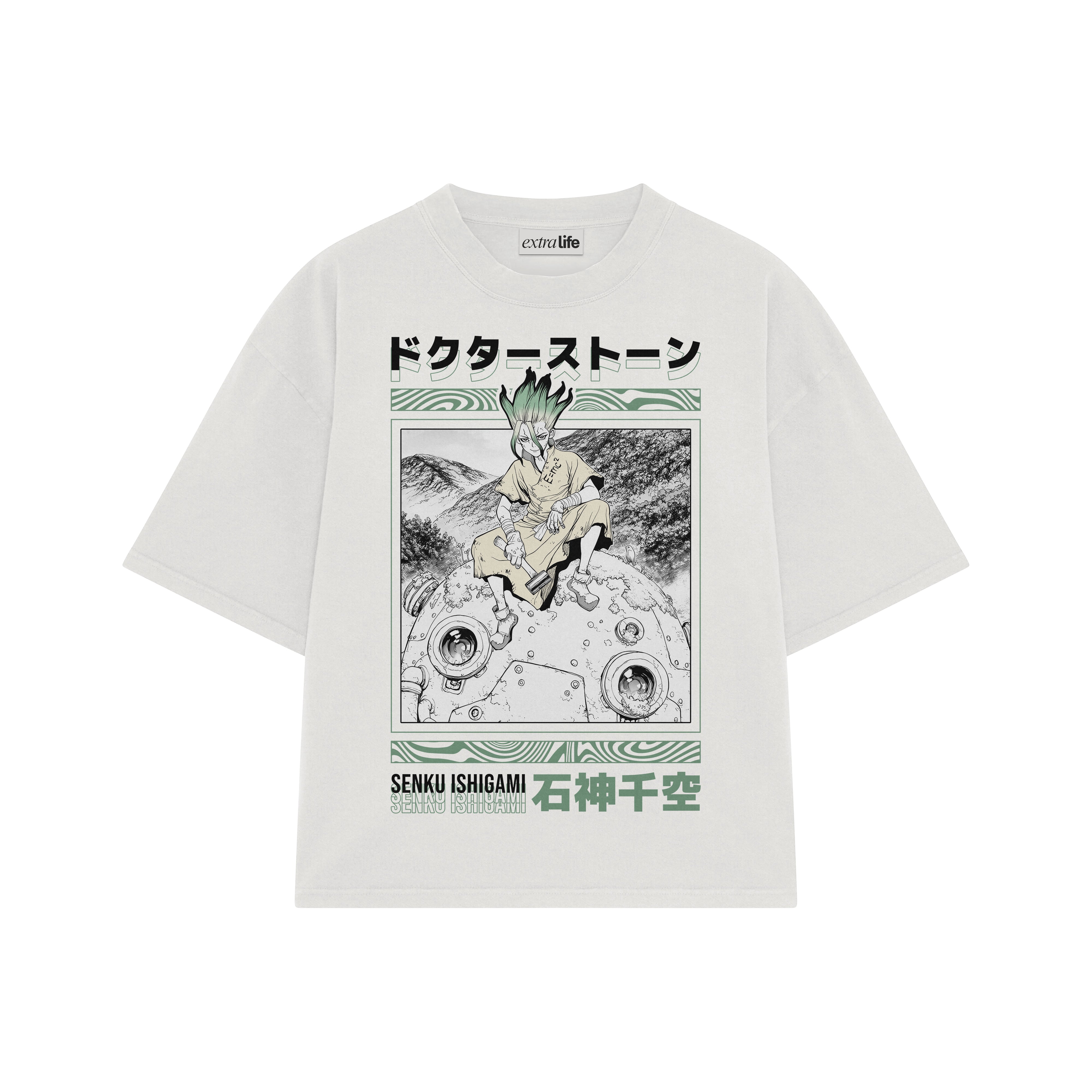 Playera streetwear premium de anime y gaming ExtraLife MX, corte boxy oversized drop shoulder heavyweight en color Deep Black y Off-White, moda urbana mexicana de culto.
