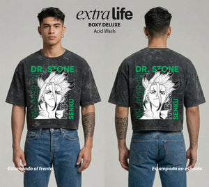Playera streetwear premium de anime y gaming ExtraLife MX, corte boxy deluxe mineral wash heavyweight en color Acid Wash, moda urbana mexicana de culto.