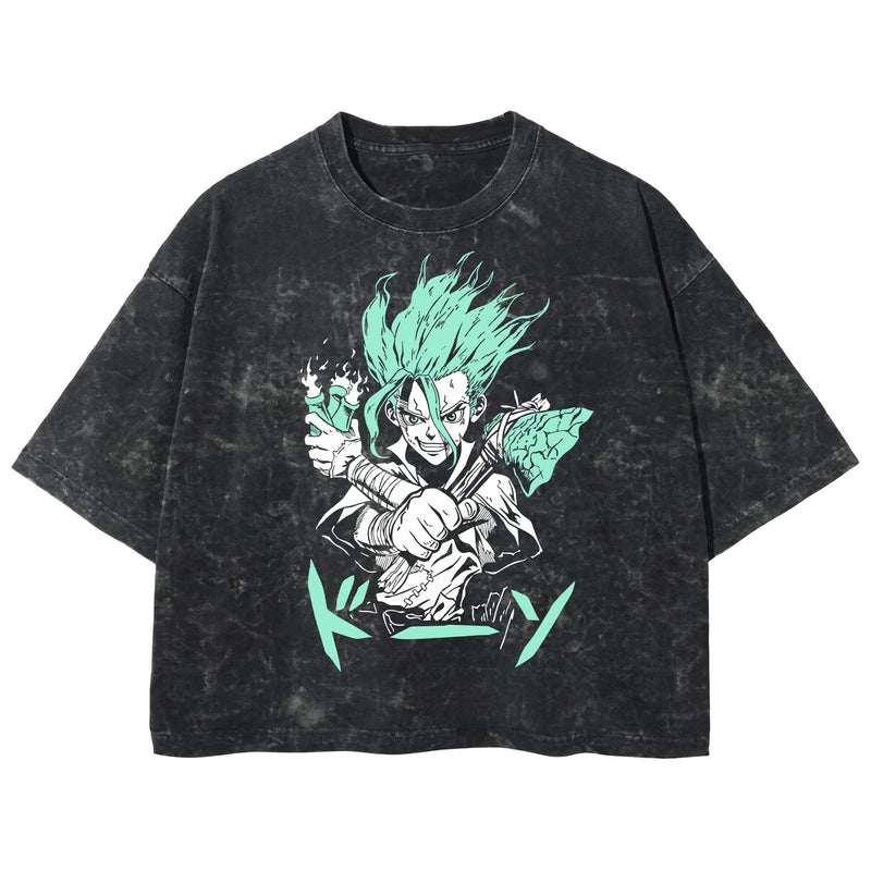 Playera streetwear premium de anime y gaming ExtraLife MX, corte boxy deluxe mineral wash heavyweight en color Acid Wash, moda urbana mexicana de culto.