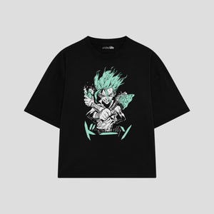 Playera streetwear premium de anime y gaming ExtraLife MX, corte boxy oversized drop shoulder heavyweight en color Deep Black y Off-White, moda urbana mexicana de culto.