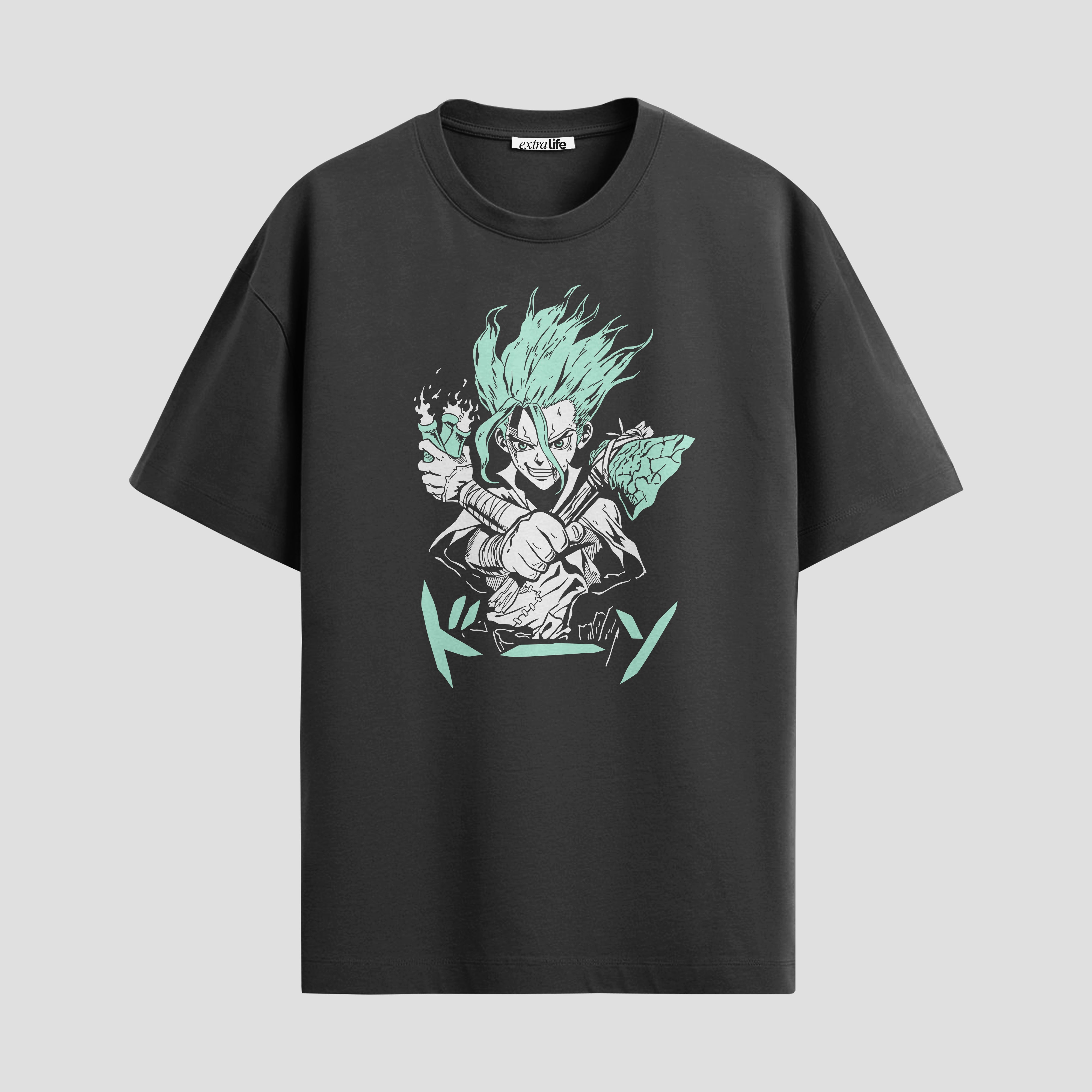 Playera urbana de anime y gaming ExtraLife MX, corte Standard Fit unisex ligero y transpirable en color Deep Black y Pure White, ropa de uso diario para gym y casual.