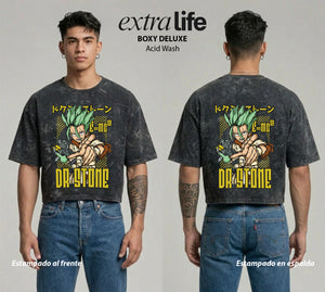 Playera streetwear premium de anime y gaming ExtraLife MX, corte boxy deluxe mineral wash heavyweight en color Acid Wash, moda urbana mexicana de culto.