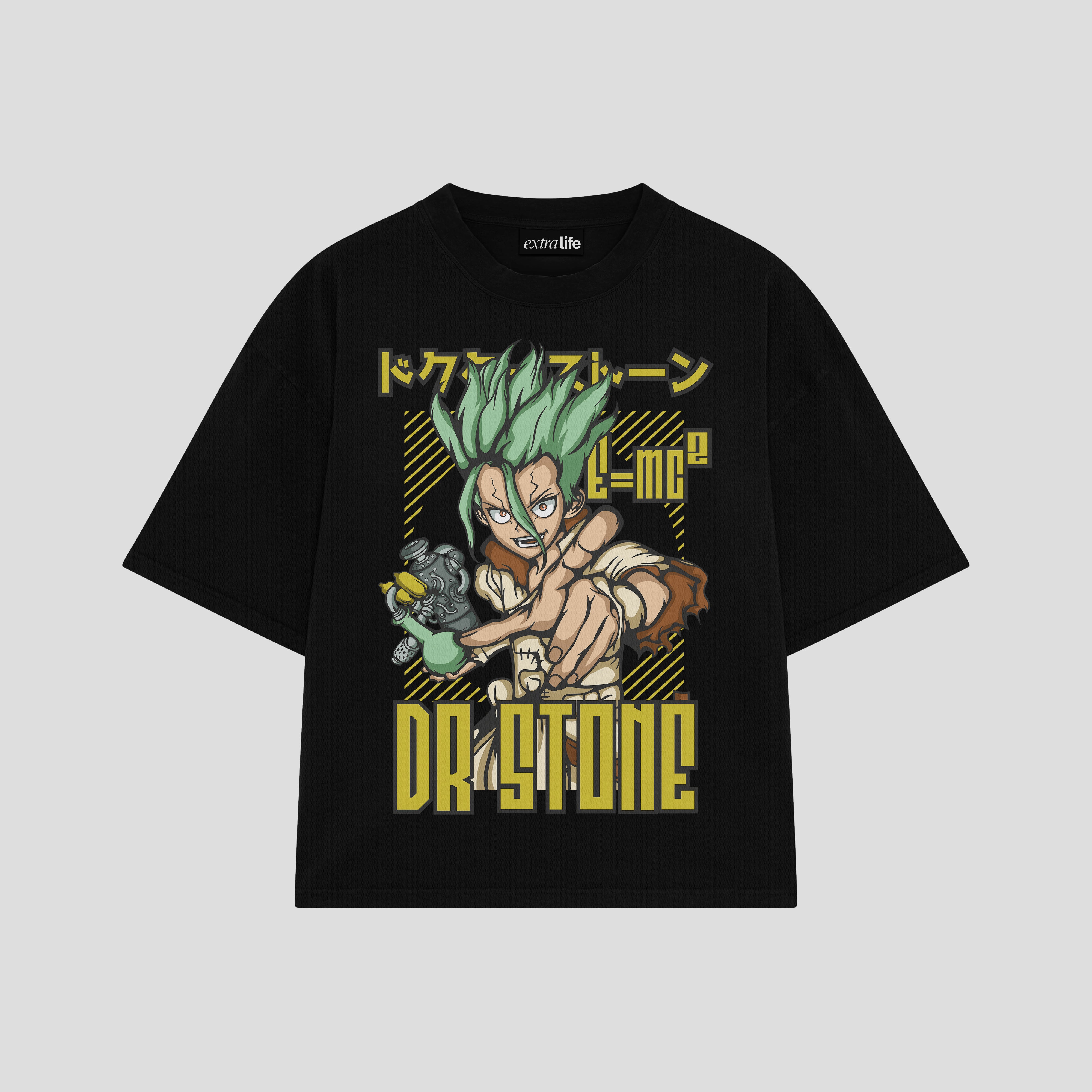 Playera streetwear premium de anime y gaming ExtraLife MX, corte boxy oversized drop shoulder heavyweight en color Deep Black y Off-White, moda urbana mexicana de culto.