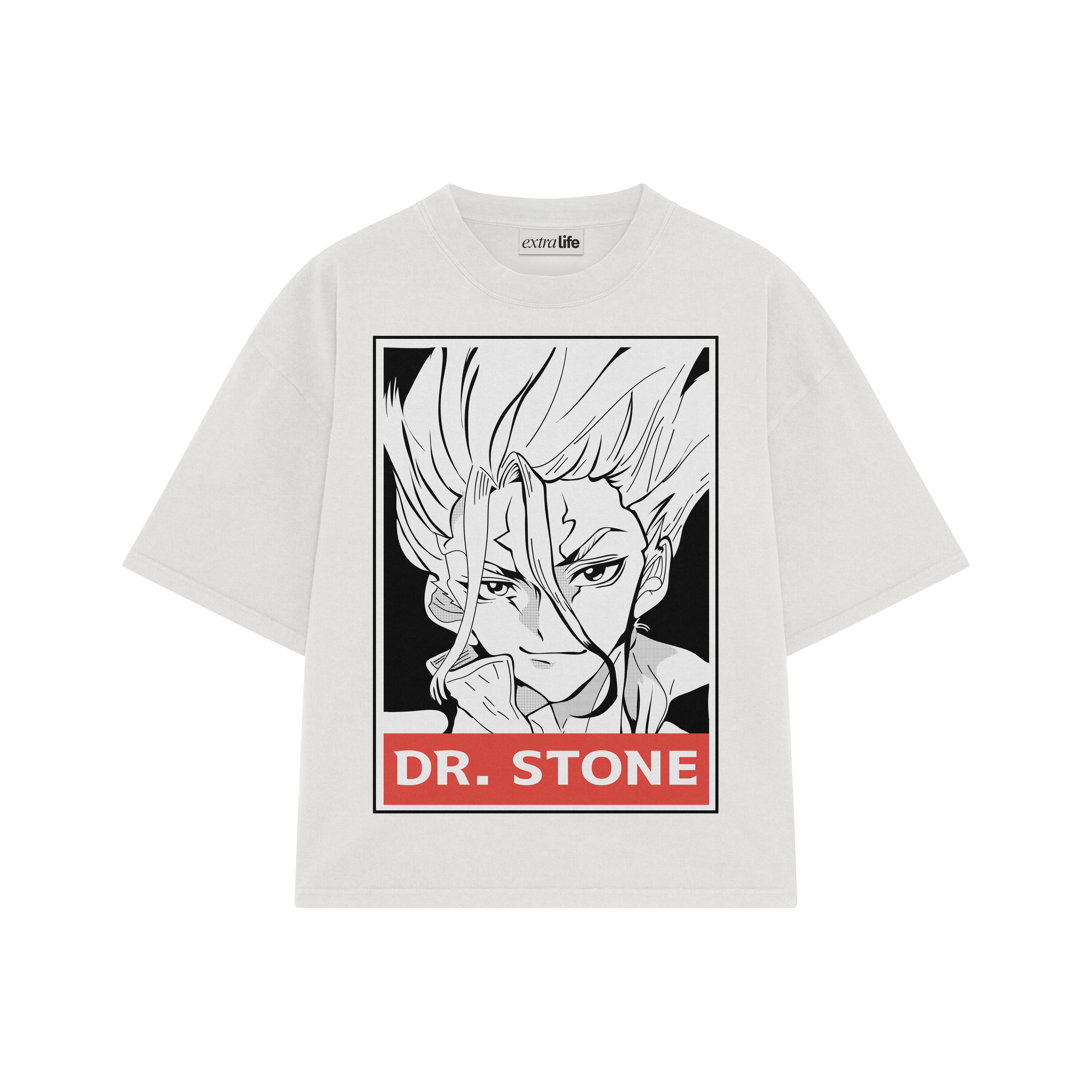 Playera streetwear premium de anime y gaming ExtraLife MX, corte boxy oversized drop shoulder heavyweight en color Deep Black y Off-White, moda urbana mexicana de culto.