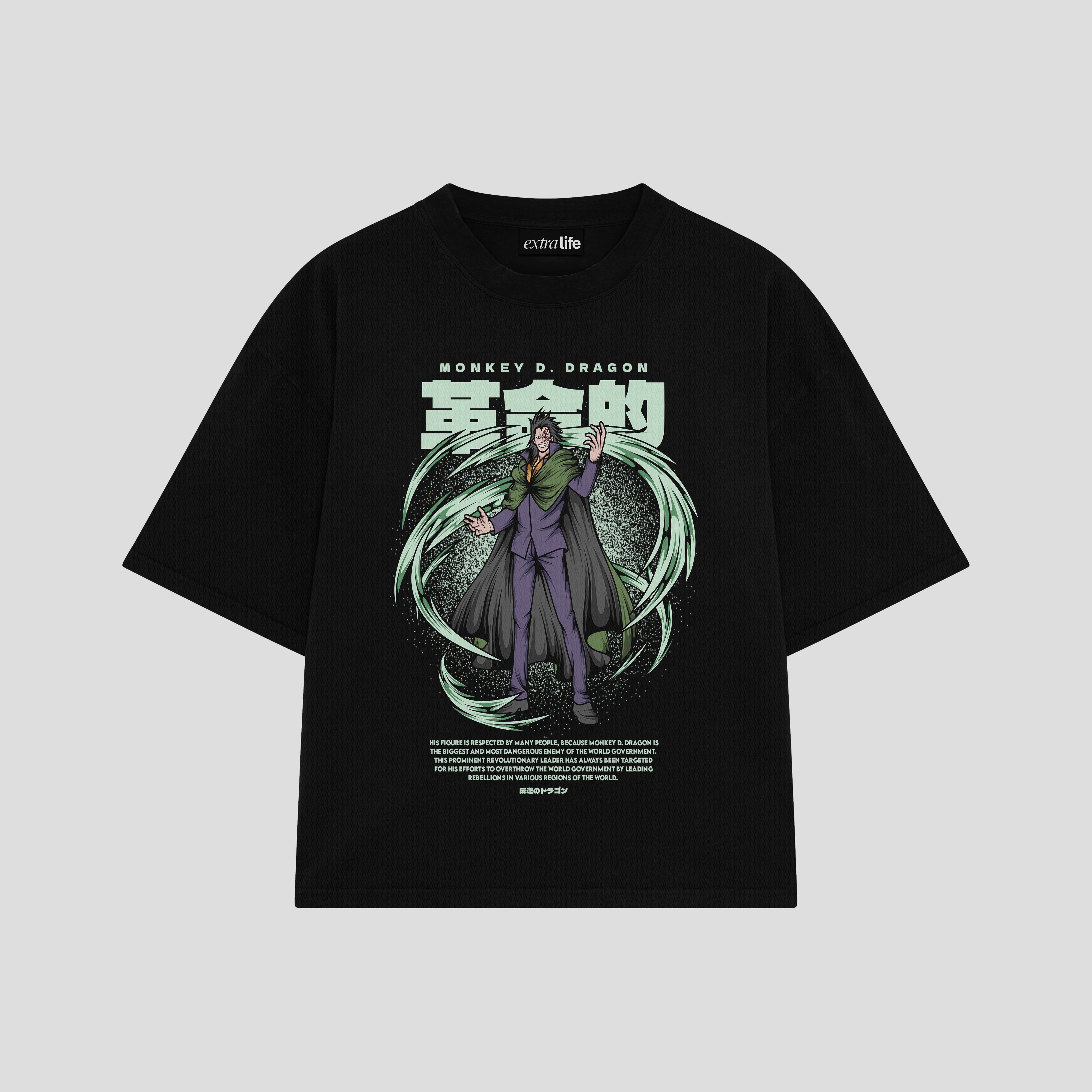 Playera streetwear premium de anime y gaming ExtraLife MX, corte boxy oversized drop shoulder heavyweight en color Deep Black y Off-White, moda urbana mexicana de culto.