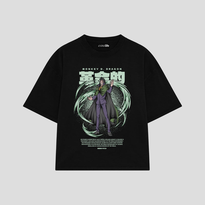Playera streetwear premium de anime y gaming ExtraLife MX, corte boxy oversized drop shoulder heavyweight en color Deep Black y Off-White, moda urbana mexicana de culto.