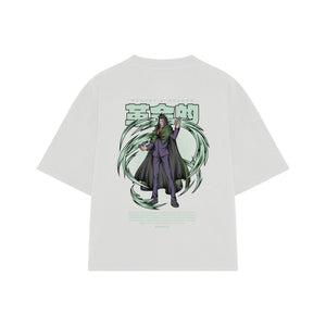 Playera streetwear premium de anime y gaming ExtraLife MX, corte boxy oversized drop shoulder heavyweight en color Deep Black y Off-White, moda urbana mexicana de culto.