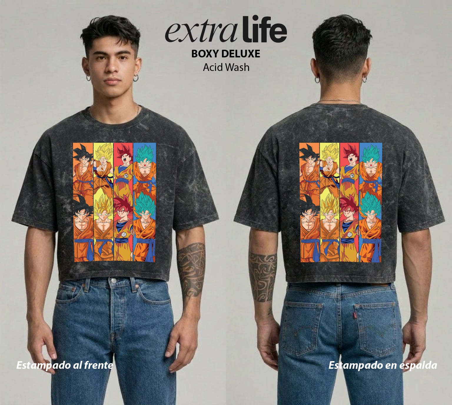 Playera streetwear premium de anime y gaming ExtraLife MX, corte boxy deluxe mineral wash heavyweight en color Acid Wash, moda urbana mexicana de culto.