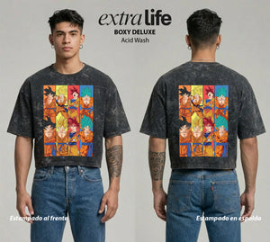 Playera streetwear premium de anime y gaming ExtraLife MX, corte boxy deluxe mineral wash heavyweight en color Acid Wash, moda urbana mexicana de culto.