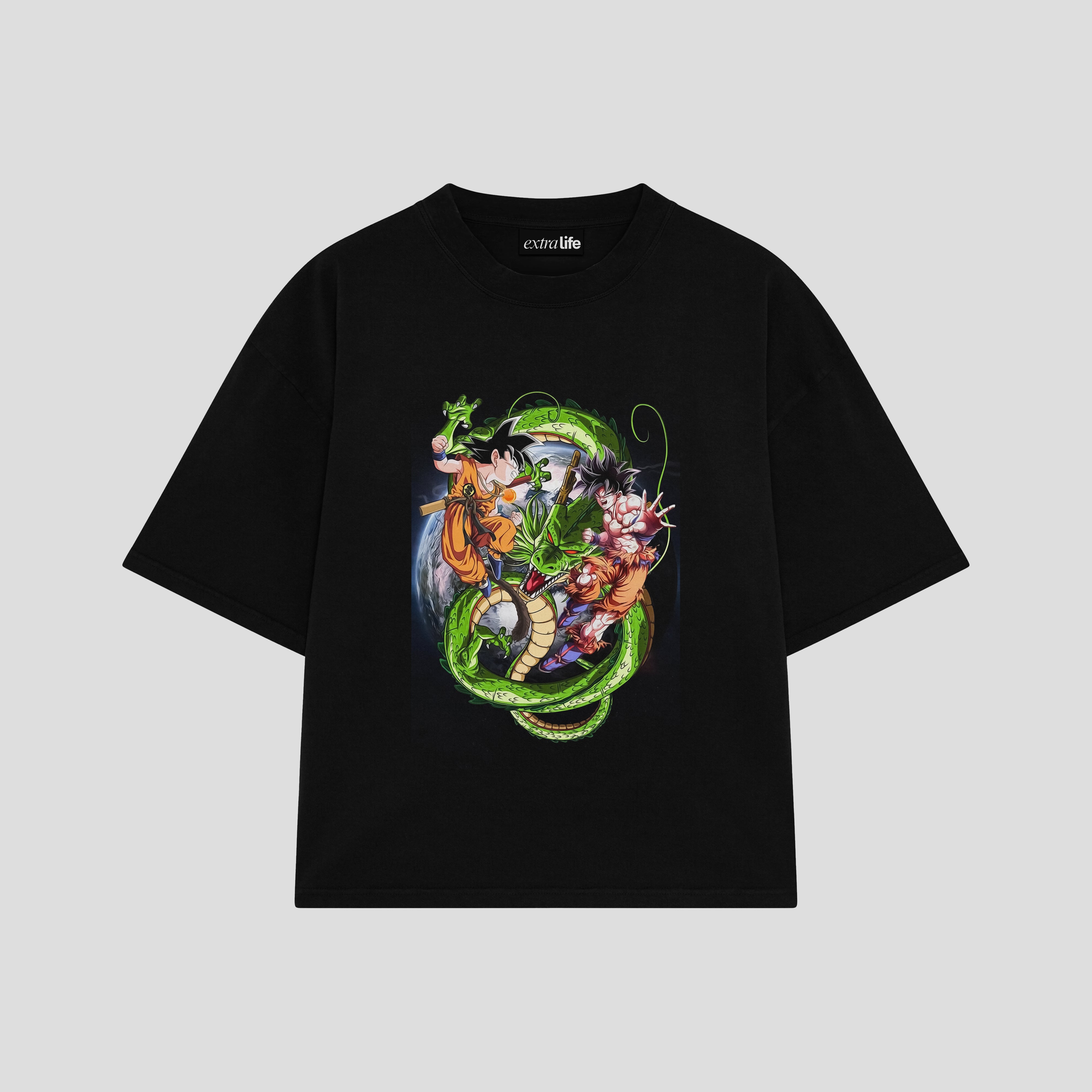Playera streetwear premium de anime y gaming ExtraLife MX, corte boxy oversized drop shoulder heavyweight en color Deep Black y Off-White, moda urbana mexicana de culto.