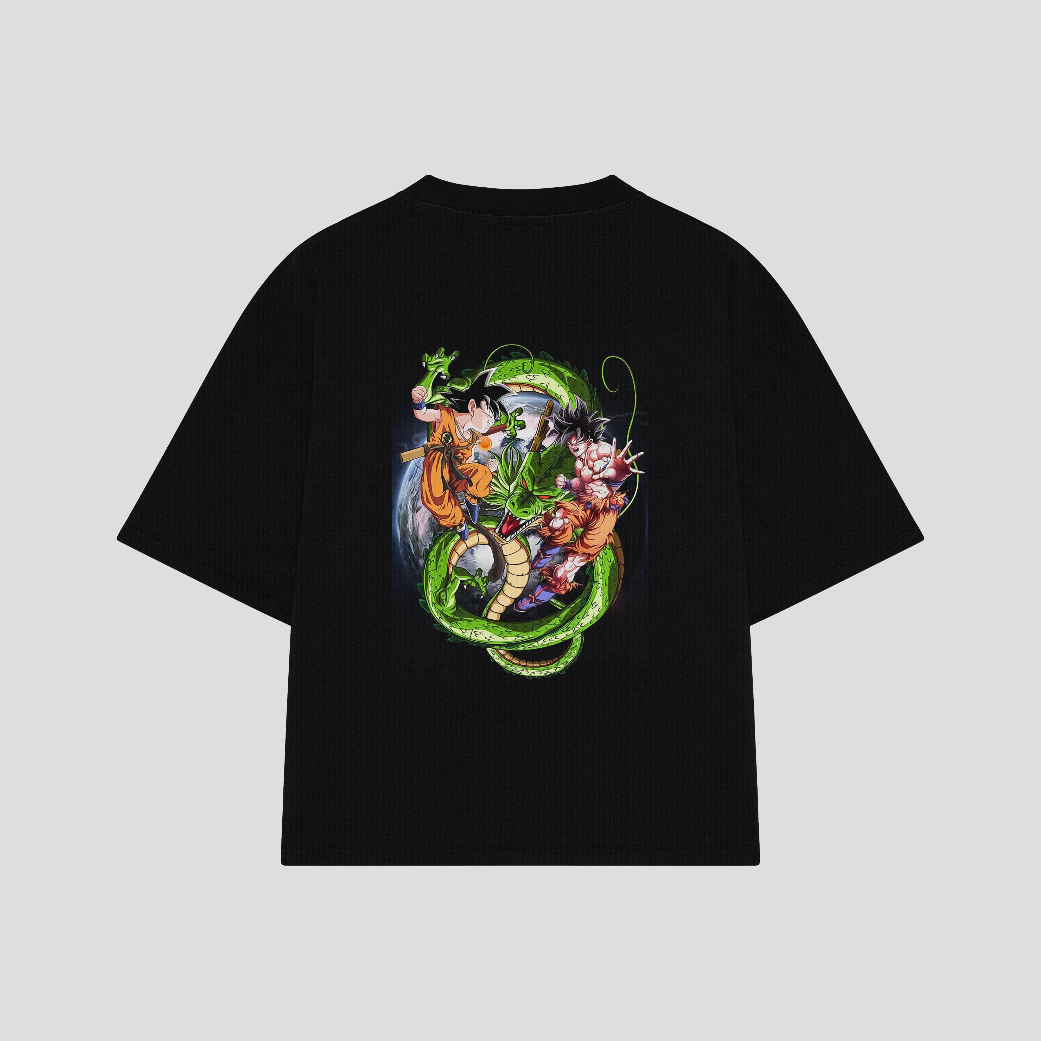 Playera streetwear premium de anime y gaming ExtraLife MX, corte boxy oversized drop shoulder heavyweight en color Deep Black y Off-White, moda urbana mexicana de culto.