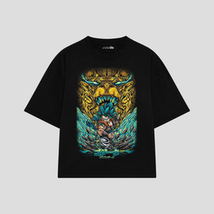 Playera streetwear premium de anime y gaming ExtraLife MX, corte boxy oversized drop shoulder heavyweight en color Deep Black y Off-White, moda urbana mexicana de culto.