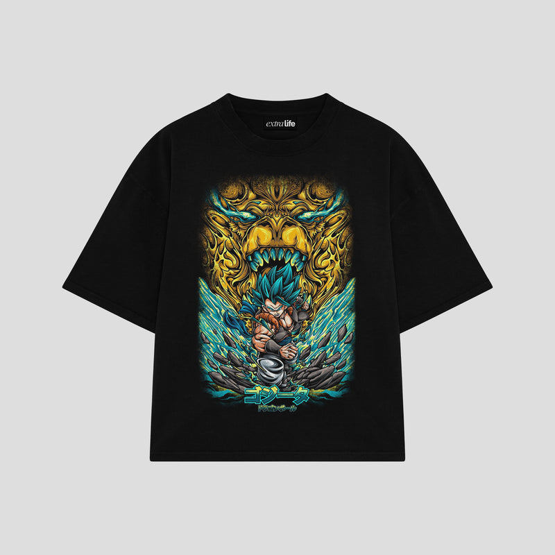 Playera streetwear premium de anime y gaming ExtraLife MX, corte boxy oversized drop shoulder heavyweight en color Deep Black y Off-White, moda urbana mexicana de culto.