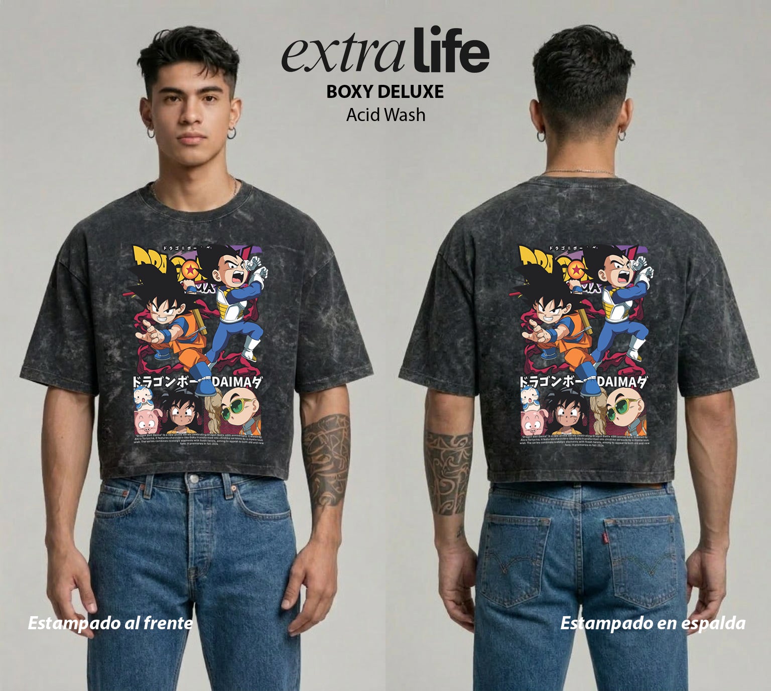 Playera streetwear premium de anime y gaming ExtraLife MX, corte boxy deluxe mineral wash heavyweight en color Acid Wash, moda urbana mexicana de culto.