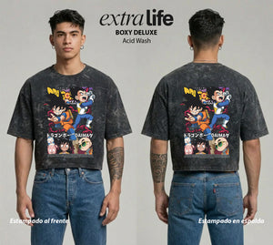 Playera streetwear premium de anime y gaming ExtraLife MX, corte boxy deluxe mineral wash heavyweight en color Acid Wash, moda urbana mexicana de culto.