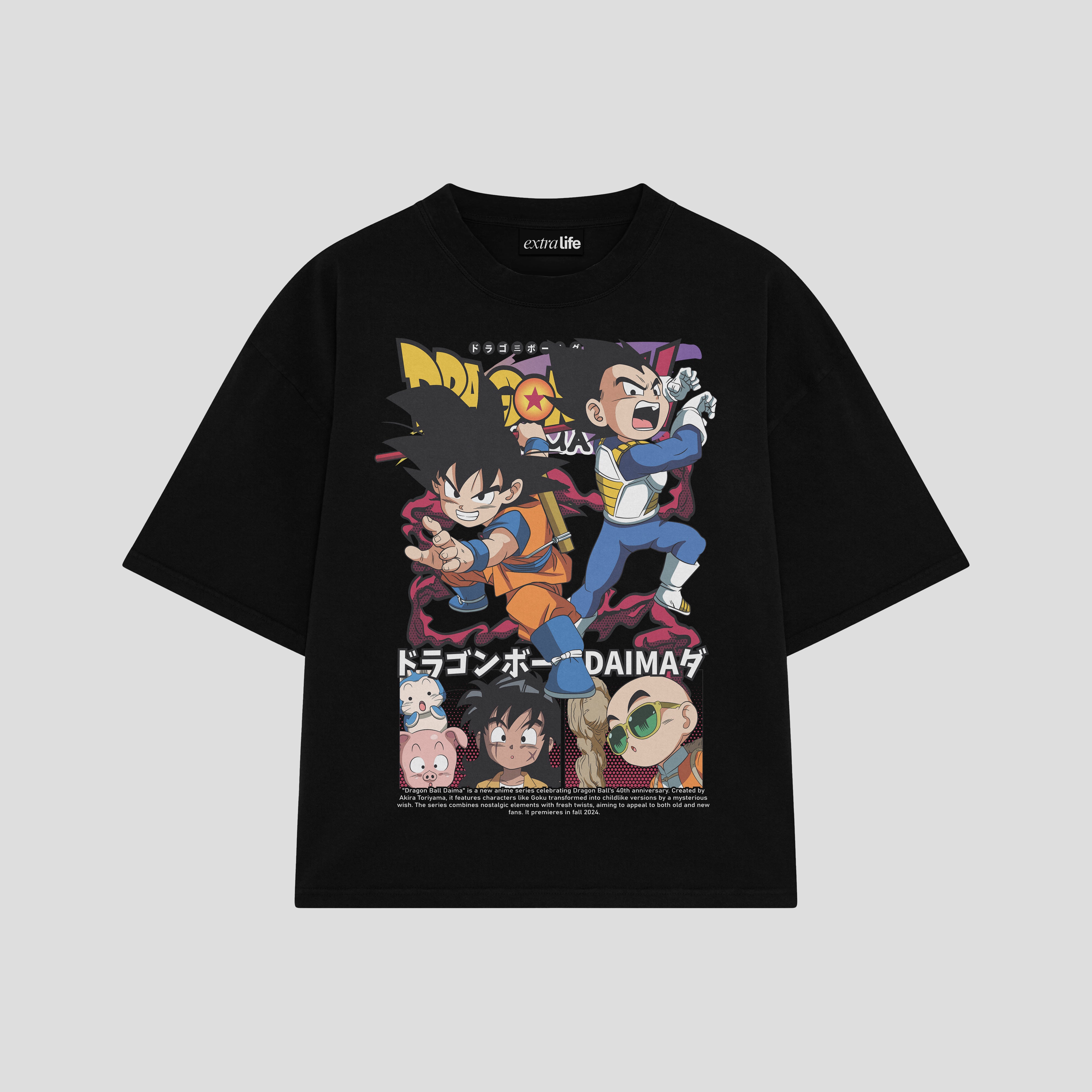 Playera streetwear premium de anime y gaming ExtraLife MX, corte boxy oversized drop shoulder heavyweight en color Deep Black y Off-White, moda urbana mexicana de culto.