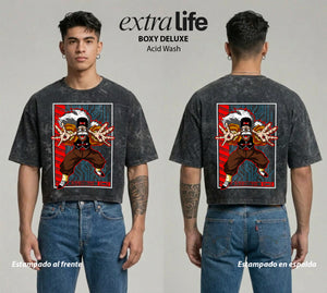 Playera streetwear premium de anime y gaming ExtraLife MX, corte boxy deluxe mineral wash heavyweight en color Acid Wash, moda urbana mexicana de culto.