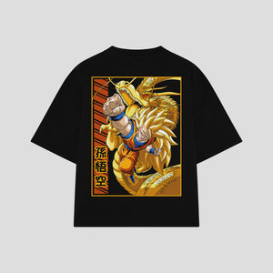 Playera streetwear premium de anime y gaming ExtraLife MX, corte boxy oversized drop shoulder heavyweight en color Deep Black y Off-White, moda urbana mexicana de culto.
