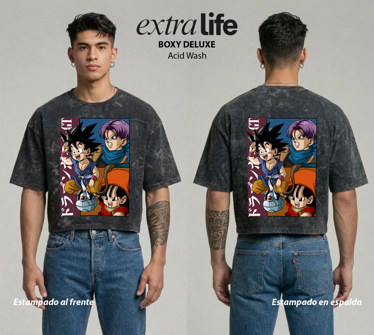 Playera streetwear premium de anime y gaming ExtraLife MX, corte boxy deluxe mineral wash heavyweight en color Acid Wash, moda urbana mexicana de culto.