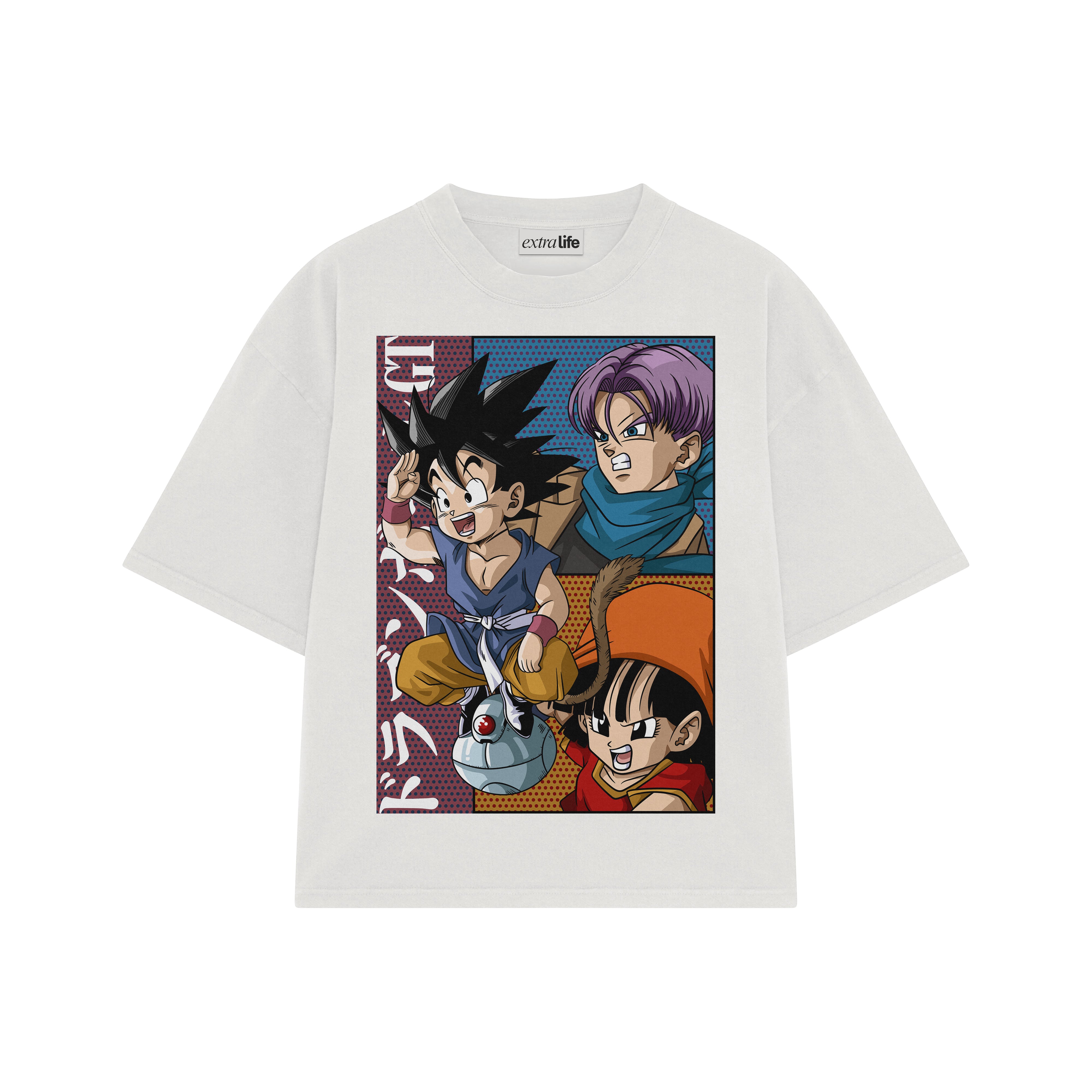 Playera streetwear premium de anime y gaming ExtraLife MX, corte boxy oversized drop shoulder heavyweight en color Deep Black y Off-White, moda urbana mexicana de culto.