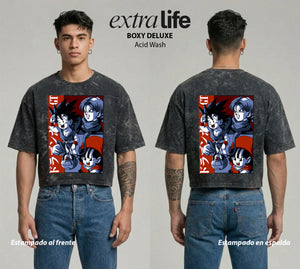 Playera streetwear premium de anime y gaming ExtraLife MX, corte boxy deluxe mineral wash heavyweight en color Acid Wash, moda urbana mexicana de culto.