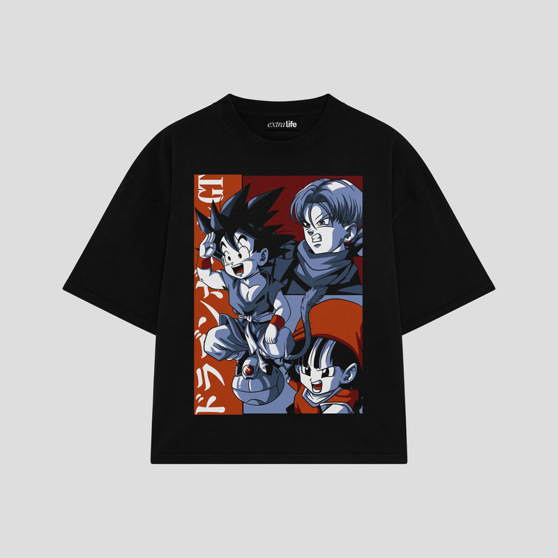 Playera streetwear premium de anime y gaming ExtraLife MX, corte boxy oversized drop shoulder heavyweight en color Deep Black y Off-White, moda urbana mexicana de culto.