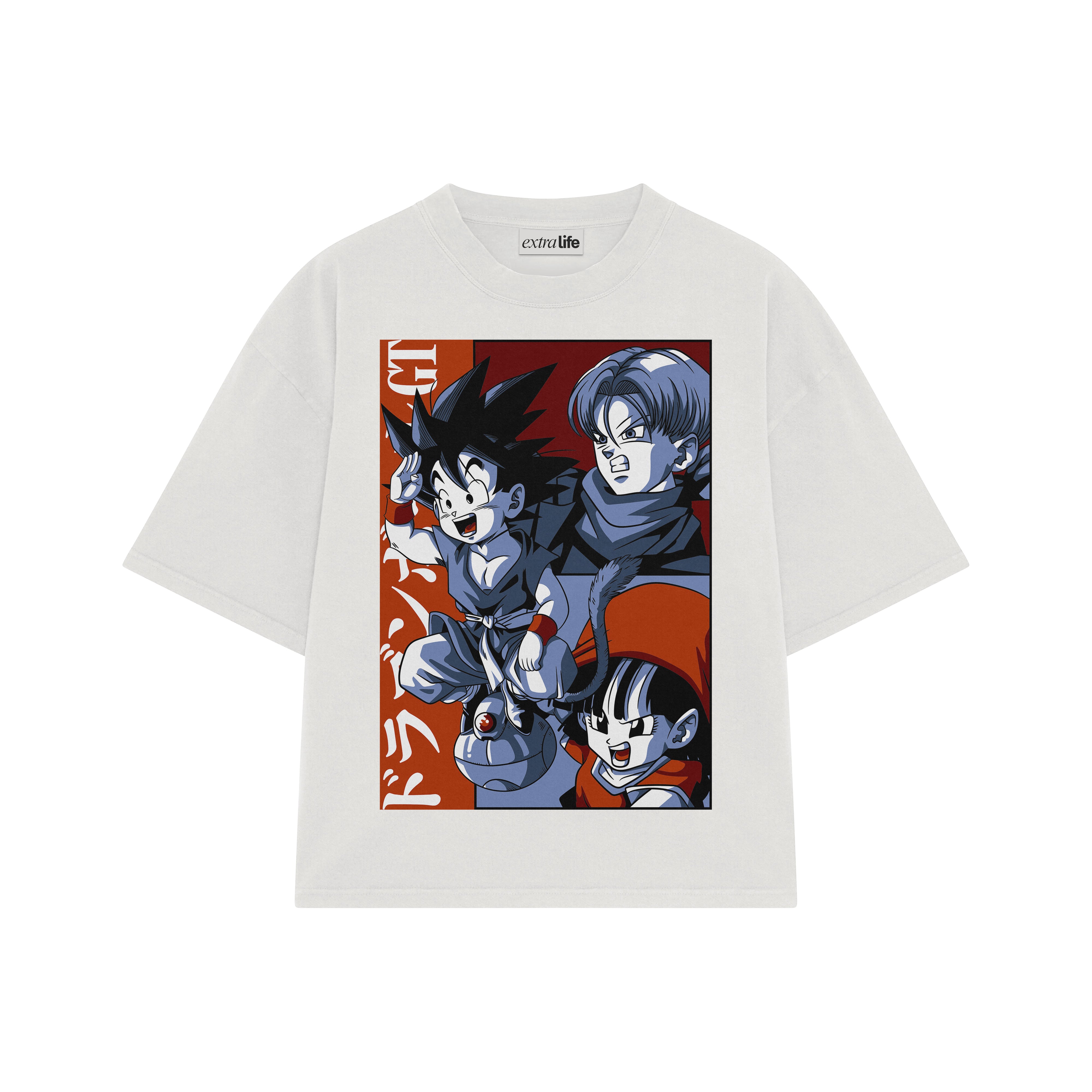 Playera streetwear premium de anime y gaming ExtraLife MX, corte boxy oversized drop shoulder heavyweight en color Deep Black y Off-White, moda urbana mexicana de culto.