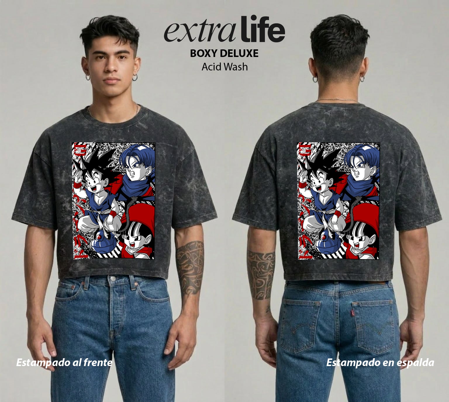 Playera streetwear premium de anime y gaming ExtraLife MX, corte boxy deluxe mineral wash heavyweight en color Acid Wash, moda urbana mexicana de culto.