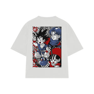 Playera streetwear premium de anime y gaming ExtraLife MX, corte boxy oversized drop shoulder heavyweight en color Deep Black y Off-White, moda urbana mexicana de culto.