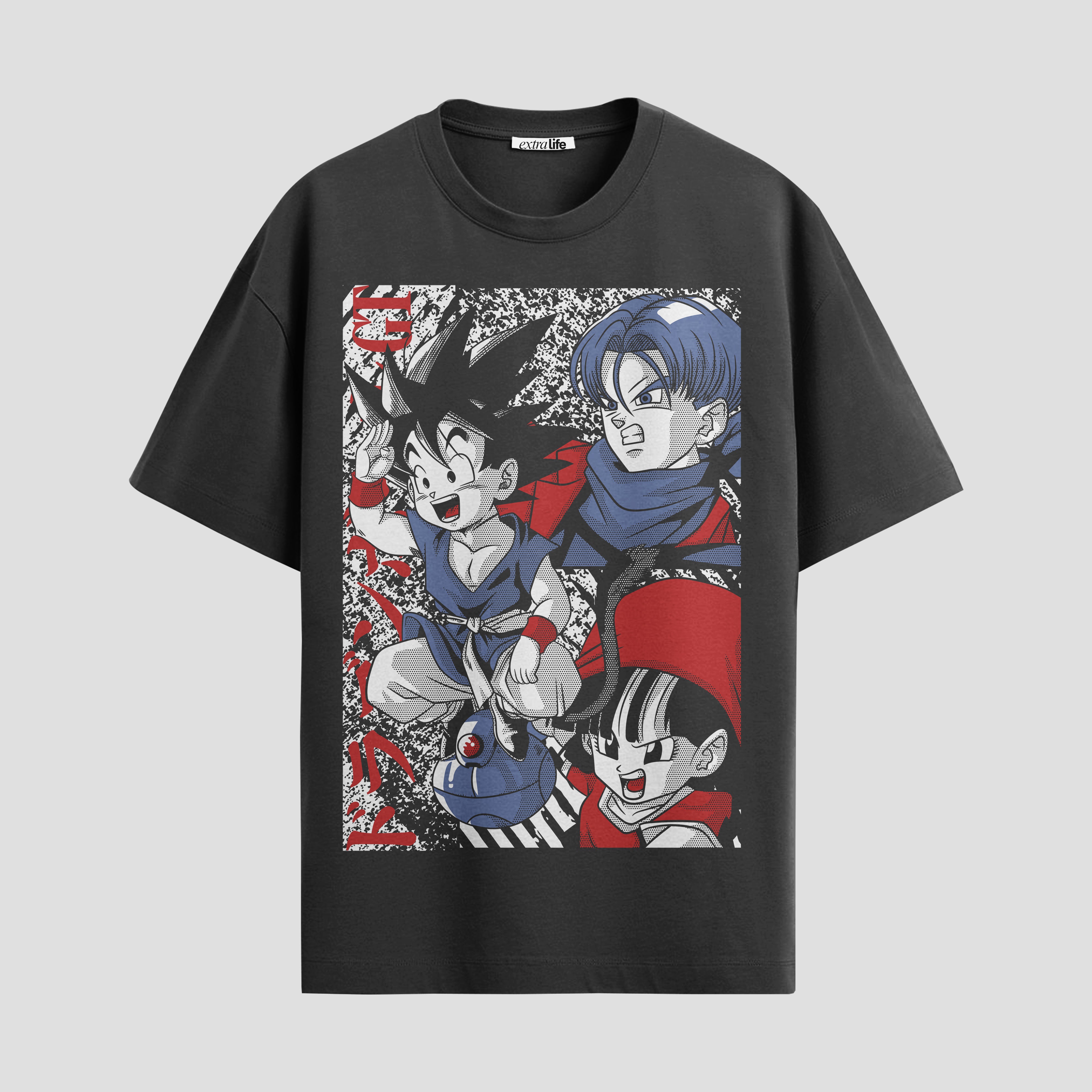 Playera urbana de anime y gaming ExtraLife MX, corte Standard Fit unisex ligero y transpirable en color Deep Black y Pure White, ropa de uso diario para gym y casual.