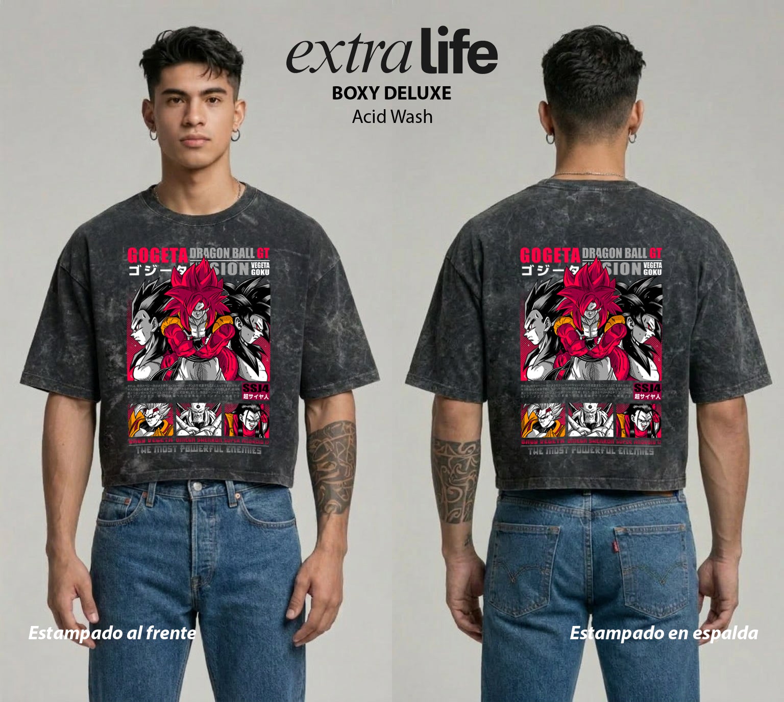 Playera streetwear premium de anime y gaming ExtraLife MX, corte boxy deluxe mineral wash heavyweight en color Acid Wash, moda urbana mexicana de culto.