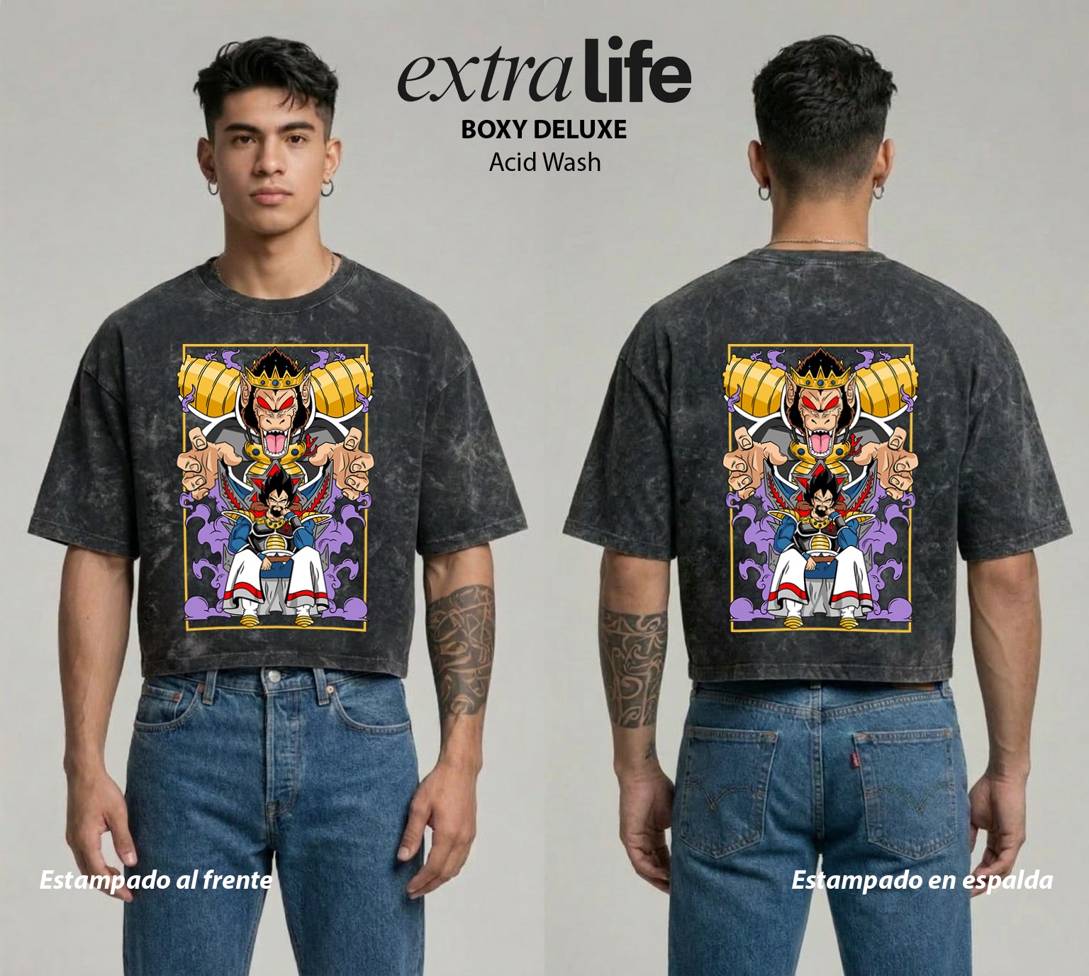 Playera streetwear premium de anime y gaming ExtraLife MX, corte boxy deluxe mineral wash heavyweight en color Acid Wash, moda urbana mexicana de culto.