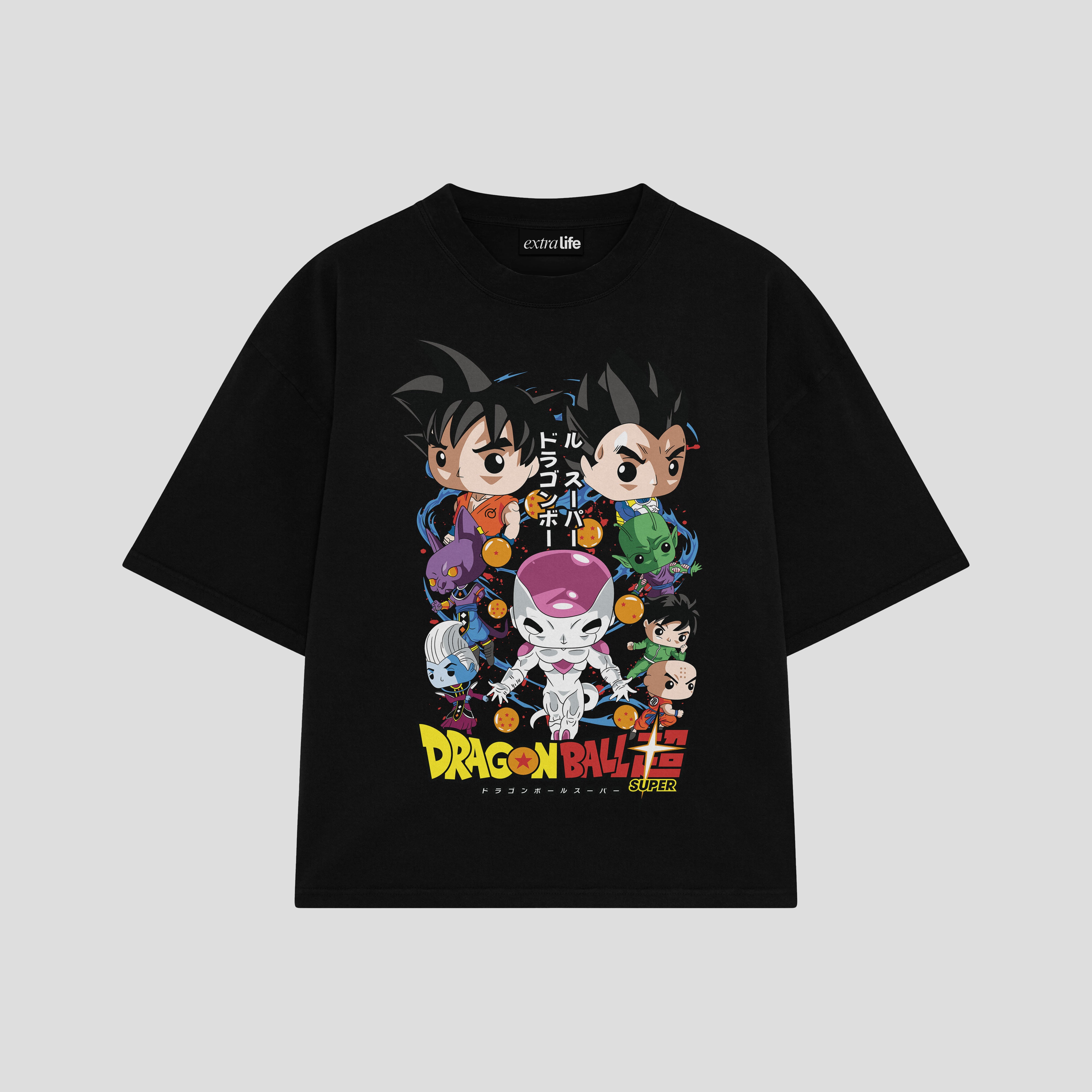 Playera streetwear premium de anime y gaming ExtraLife MX, corte boxy oversized drop shoulder heavyweight en color Deep Black y Off-White, moda urbana mexicana de culto.