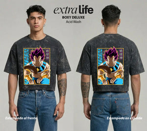 Playera streetwear premium de anime y gaming ExtraLife MX, corte boxy deluxe mineral wash heavyweight en color Acid Wash, moda urbana mexicana de culto.