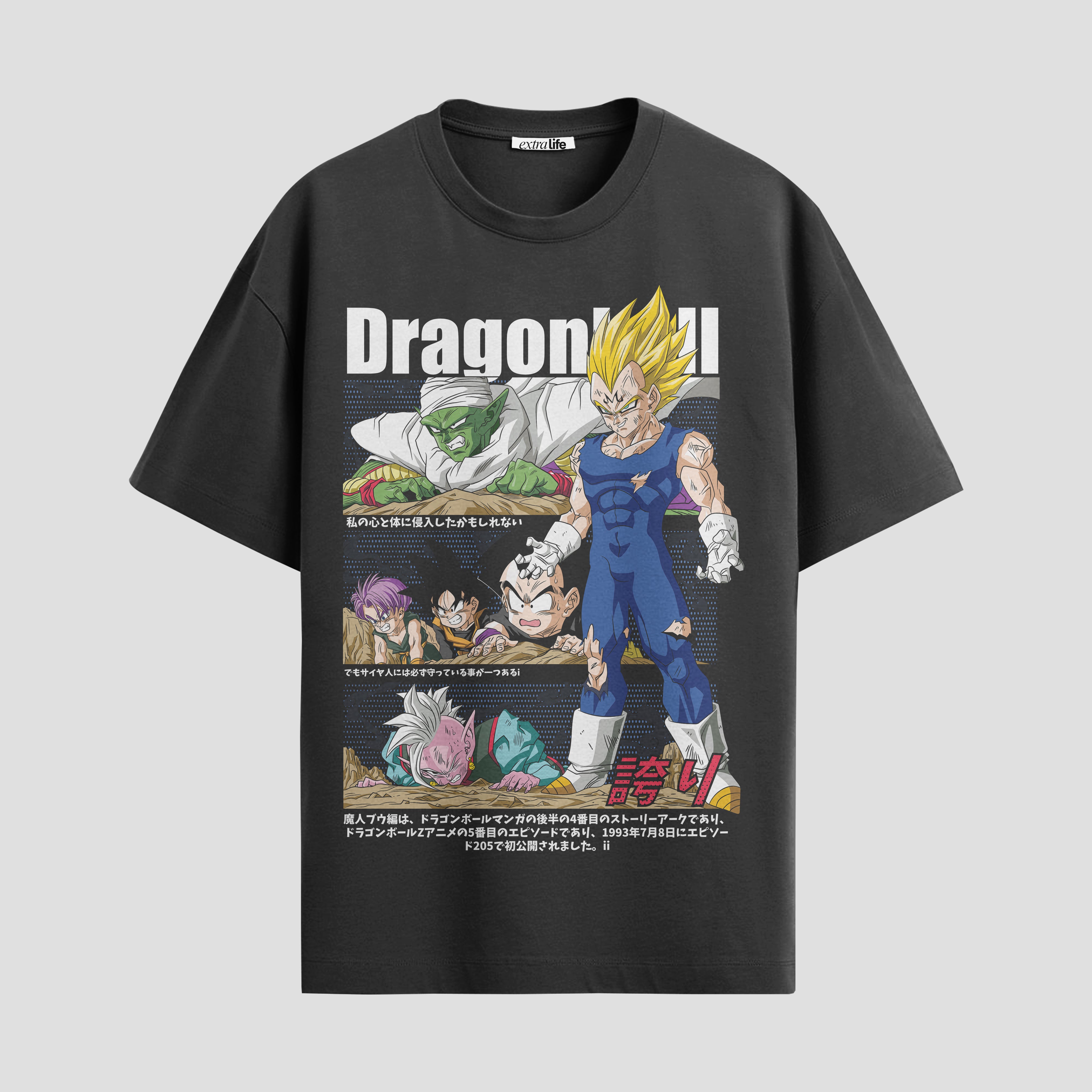 Playera urbana de anime y gaming ExtraLife MX, corte Standard Fit unisex ligero y transpirable en color Deep Black y Pure White, ropa de uso diario para gym y casual.